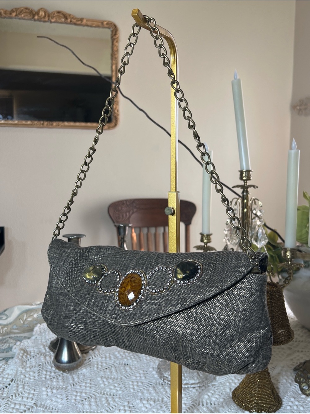 Chico's Gray Beaded Evening Shoulder Bag with Gold Chain